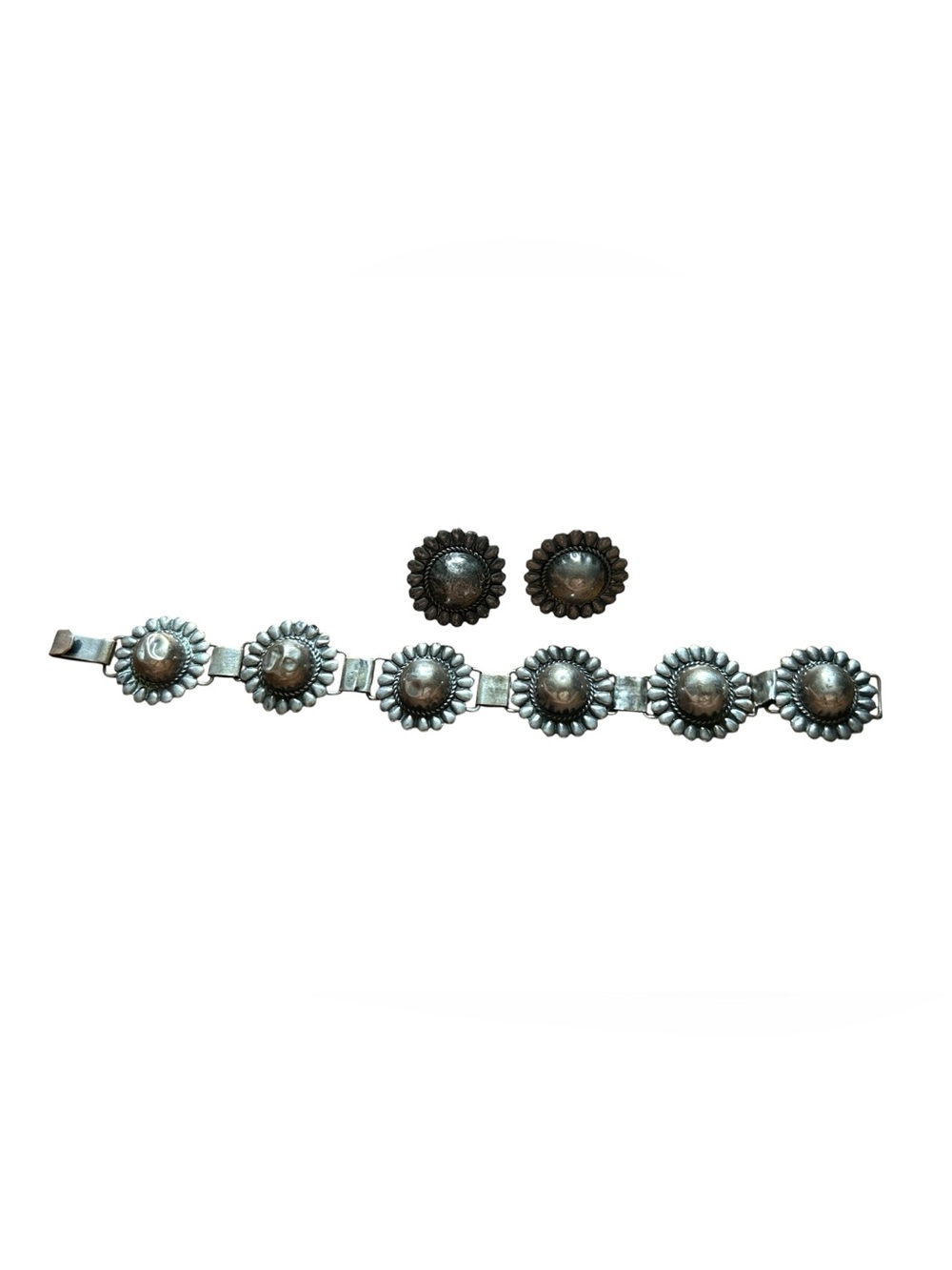 Early Mexican Flower Hollow Sterling Silver 925 Bracelet Earring Pre-Eagle Set